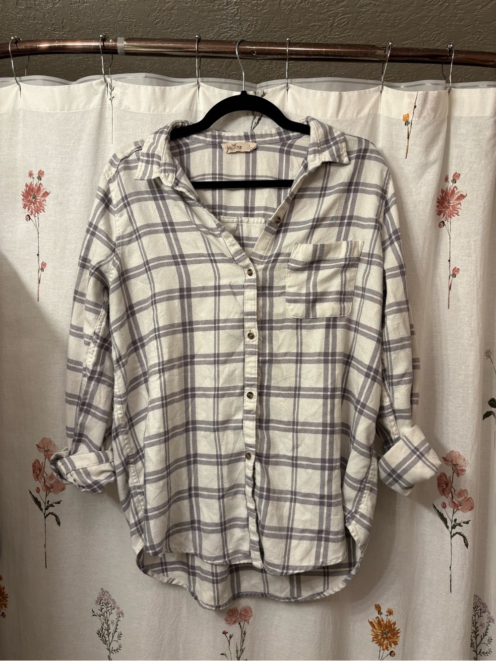 Hollister Cream and Light Gray Plaid Button-Down Shirt